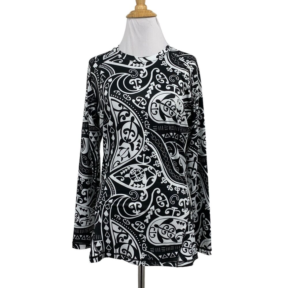 Palmwave Rashguard Women S Small Black White Tribal UPF 50 Stretch Hawaii Shirt